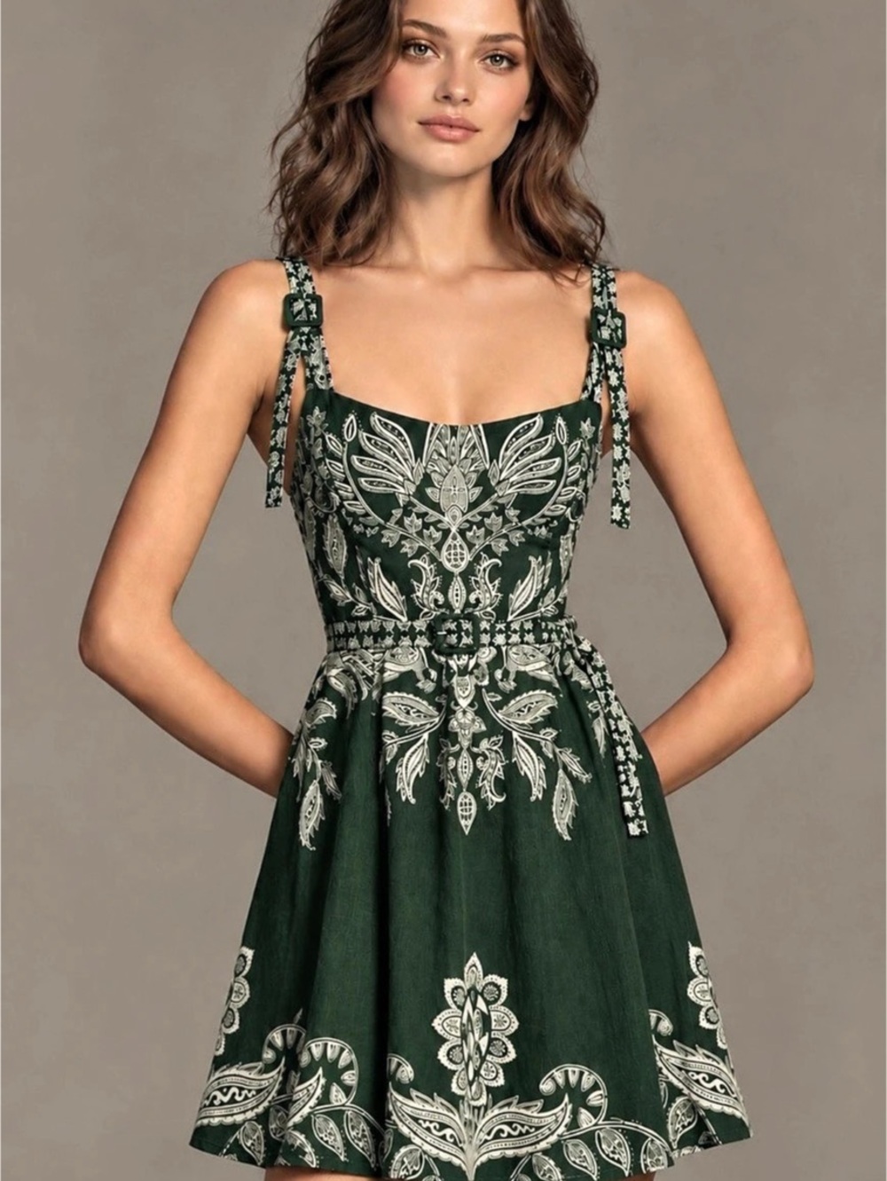 FARM Rio Green Paisley Belted Mini Dress Size M